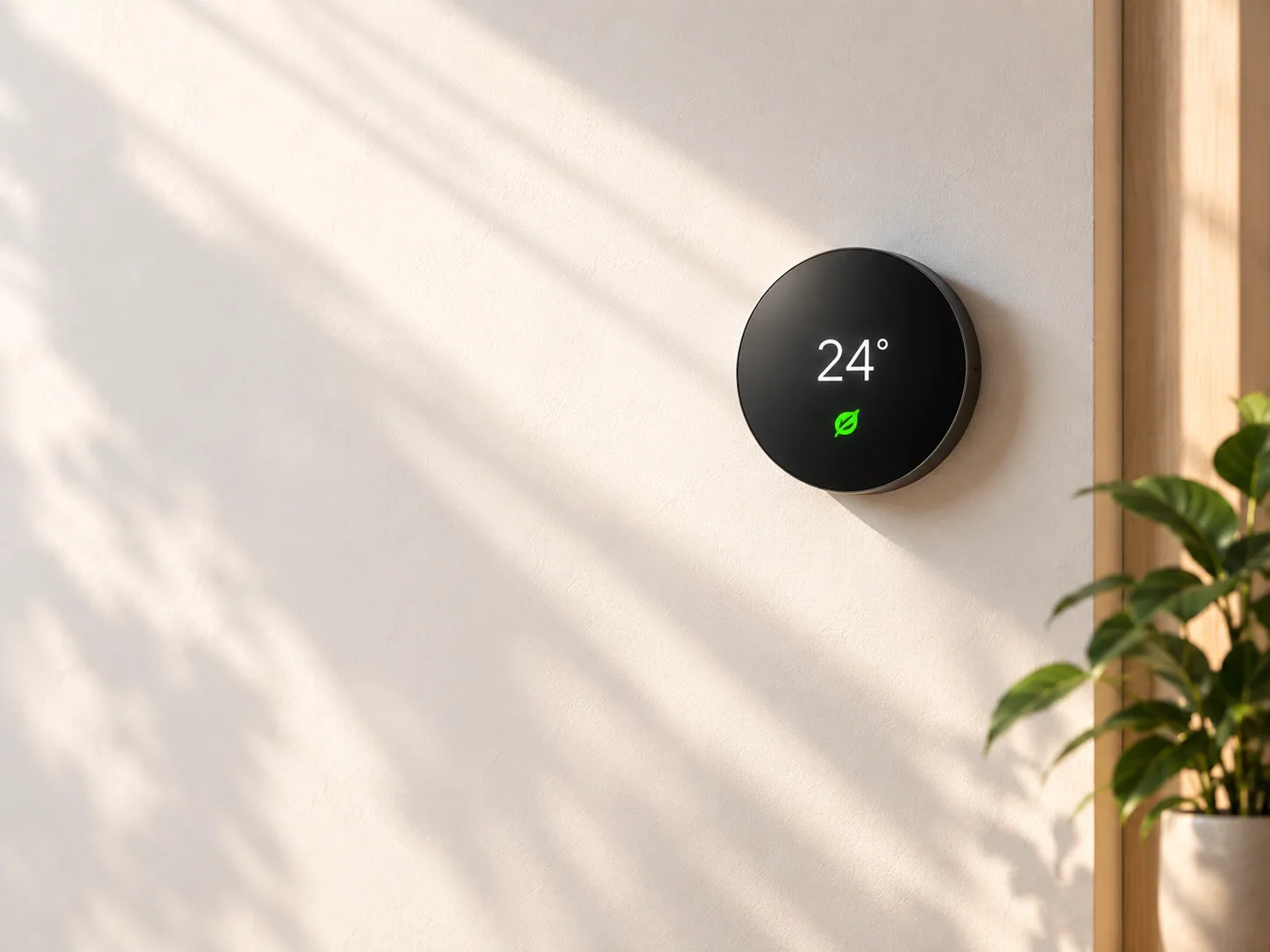 Black smart thermostat on a sunlit cream wall