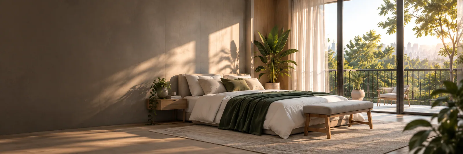 Curated furniture setup opening to a sunlit balcony