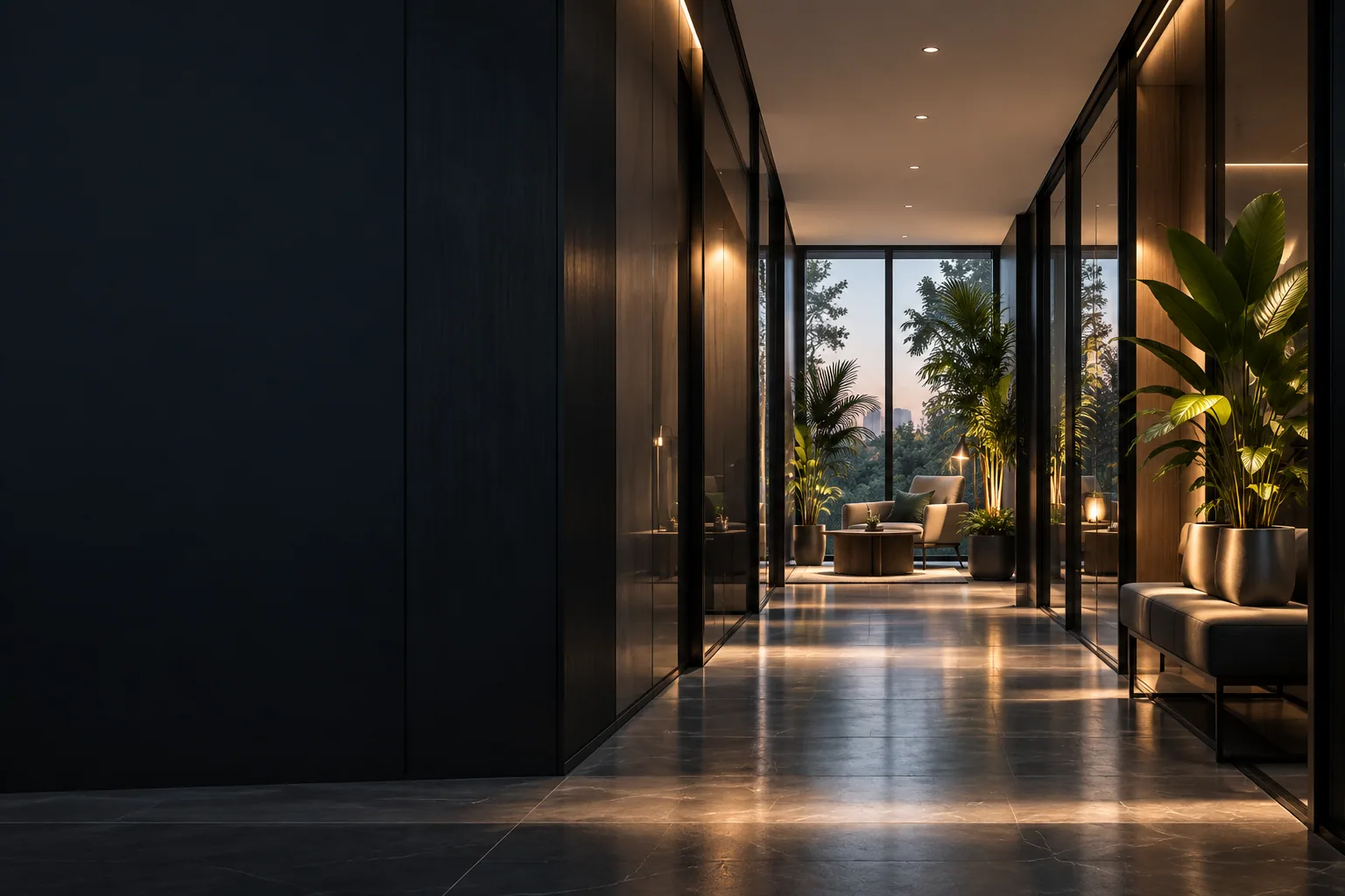 Studio Indigo architectural corridor with warm lighting